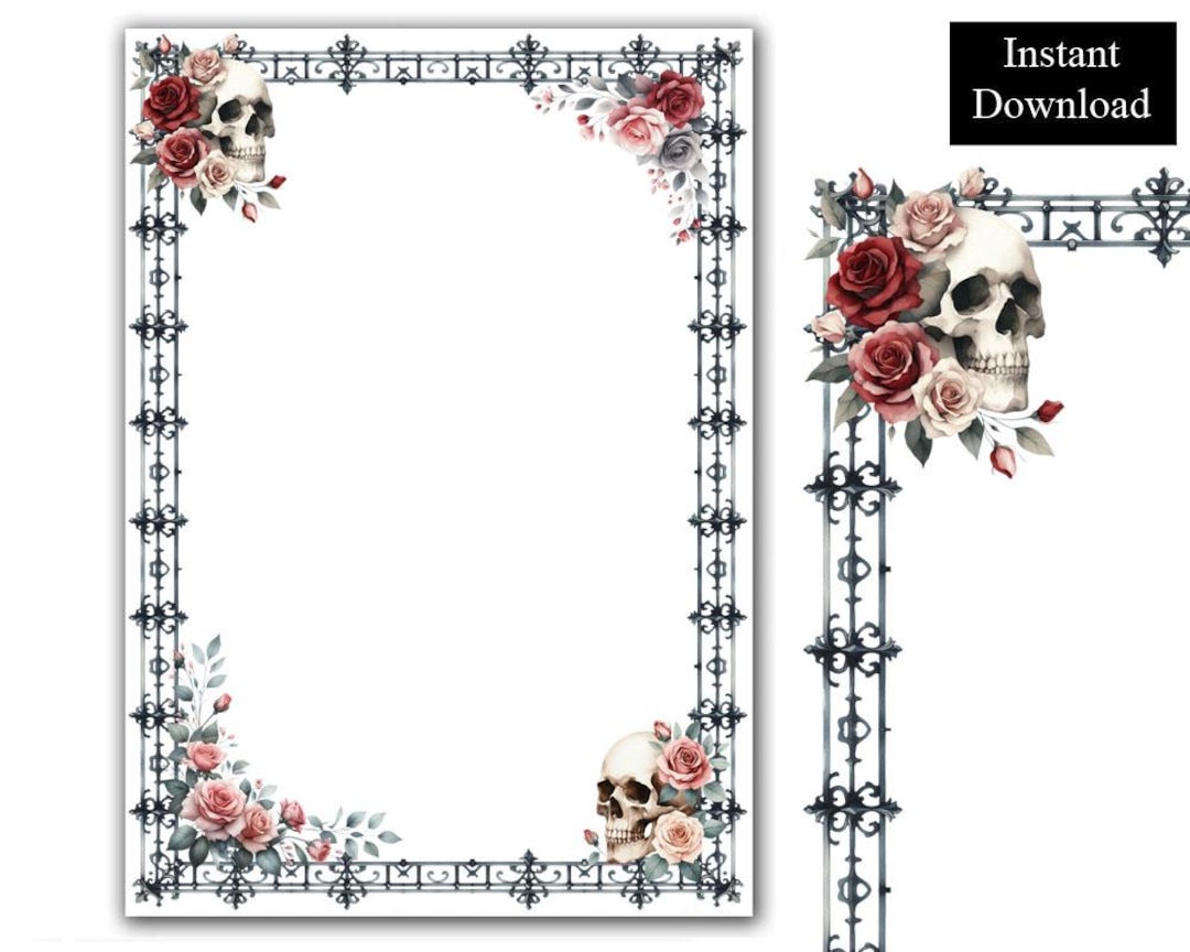 Gothic Roses and Skulls Border Frame Clip Art Digital Download