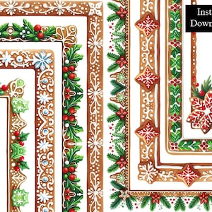 Puede incluir: Una colección de bordes y marcos navideños en acuarela. Los diseños presentan marcos estilo pan de jengibre con detalles de glaseado blanco, acebo, bayas y acentos de copo de nieve. El texto "Descarga instantánea" está en un rectángulo negro.