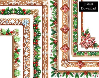 Marcos navideños de jengibre, galletas glaseadas de acuarela, paquete de 8 imágenes prediseñadas, descarga digital, marcos A4 y borde de página imprimible de 8,5 x 11 pulgadas, PNG