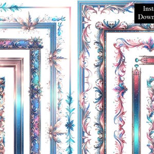 Peut inclure: Œuvre numérique présentant des bordures de cadres décoratives et des éléments floraux dans des tons de bleu, rose et turquoise. Les motifs comportent des détails complexes et des motifs de feuilles. Le texte "Instant Download" est visible.