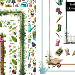 Bordas de jardinagem 8 molduras Itens de jardim Clip Art Download digital Videiras Insetos Regador Carrinho de mão Plantas Natureza Moldura A4 e 8,5x11 PNG