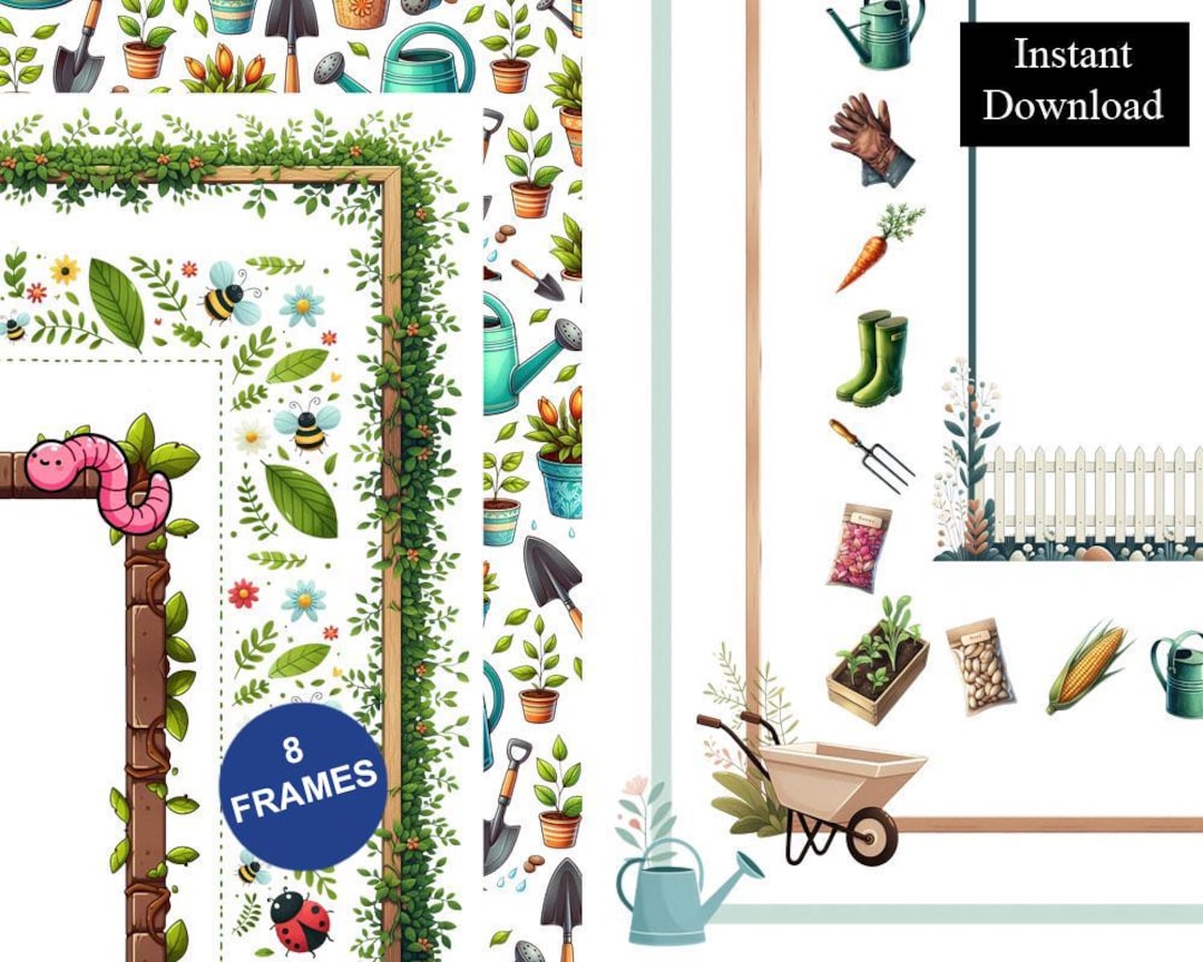 Gardening Borders 8 Frames Bundle Digital Download A4 & 8.5x11 PNG