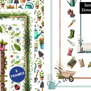 Puede incluir: Una colección digital de 8 marcos con temática de jardín que incluye ilustraciones de un gusano rosa, mariquita, abejas, hojas, flores y herramientas de jardinería como una carretilla, regaderas, palas y guantes, con el texto 8 FRAMES y Instant Download.