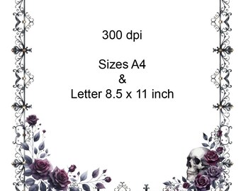 Gothic Roses and Skulls Border Frame Clip Art Digital Download