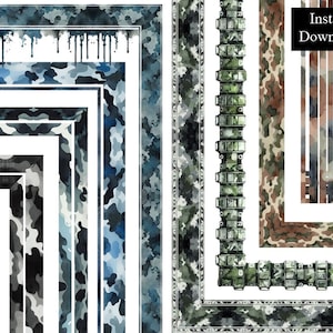 Könnte beinhalten: Digitaler Download mit verschiedenen Tarnmustern und Rahmen. Designs umfassen blaue, graue und braune Tarnmuster sowie Aquarell- und Tropfeffekte. Der Text "Sofort-Download" wird in einem schwarzen Feld angezeigt.