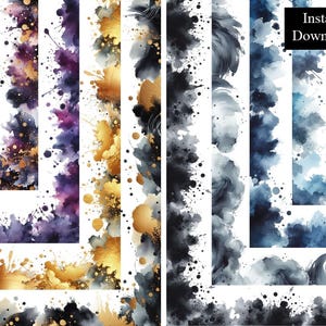 Può includere: Quattro bordi digitali ad acquerello in tonalità di blu, viola, oro e nero. I bordi sono disposti a forma di quadrato su uno sfondo bianco. I bordi sono perfetti per aggiungere un tocco di eleganza ai tuoi progetti digitali.