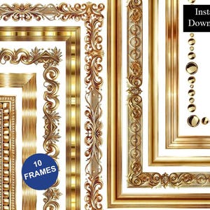 Könnte beinhalten: Eine Sammlung von zehn goldfarbenen digitalen Rahmen mit komplexen Schnörkeln, verzierten Schnitzereien und Perlenrändern. Das Bild enthält ein blaues kreisförmiges Abzeichen mit dem Text 10 FRAMES und ein schwarzes Rechteck mit dem Text Instant Download.