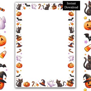 Può includere: Una pagina di carta da lettere rettangolare con un bordo verticale decorato da icone di Halloween, tra cui gatti neri, zucche arancioni, fantasmi bianchi, cappelli da strega, caramelle e bastoncini di zucchero, con il testo Instant Download.