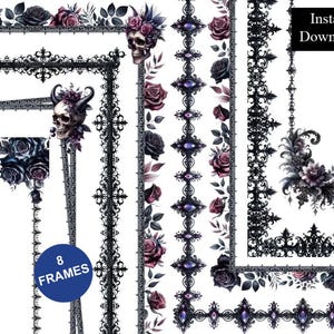 May include: A collection of 8 frames featuring intricate black filigree borders, dark purple and black roses, and skulls with horns. The design includes decorative elements with purple gemstone accents and the text Instant Download.