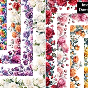 Roses Watercolour Borders Frames Rose Floral Clip Art Bundle 8 Digital Download Frames A4 Rainbow roses Red Pink Orange Yellow Page Border