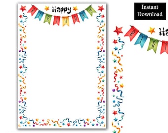 Bordes y marcos para fiestas de cumpleaños, imágenes prediseñadas de feliz cumpleaños, descarga digital, arcoíris, tamaño A4 y 8.5x11, borde de página imprimible PNG