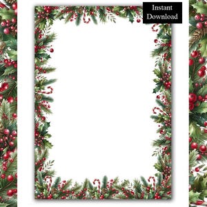 May include: A rectangular digital stationery border featuring a festive Christmas theme with green pine needles, holly leaves, red berries, pinecones, and red and white striped candy canes framing a large, blank white center space.