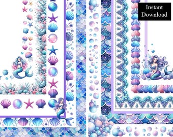 Mermaid Watercolour Borders Frames Clip Art Bundle 10 Digital Download Frame A4 & 8.5 x 11 Ocean Bubbles Clam Shells Printable Page Border