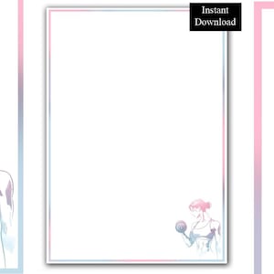 May include: A rectangular stationery sheet with a white center and a gradient pink and blue border. The design features a small illustration of a person lifting a dumbbell in the bottom right corner and a larger partial figure on the left side.