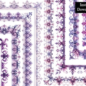 May include: A set of eight purple and white ornate corner borders with a floral design. The borders are perfect for adding a touch of elegance to any project.