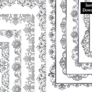 May include: Set of six silver ornate decorative borders with intricate floral designs. The borders are in various sizes and can be used for scrapbooking, card making, or other craft projects.
