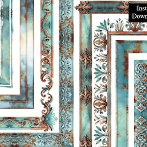 Bordures décoratives patinées claires cadres fleuris en filigrane bleu cuivre rouillé ClipArt Bundle 8 numérique grec antique métallique A4 & 8,5 x 11 PNG