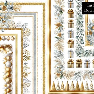 Marcos con bordes de acuarela de Navidad en dorado y plateado, imágenes prediseñadas navideñas, 10 descargas digitales, borde de página imprimible para temporada festiva de 8,5 x 11 y A4