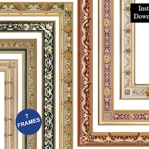 May include: A collection of seven rectangular digital frames featuring intricate gold, green, and red ornamental borders with floral and geometric patterns. A blue circular badge reads 7 FRAMES and a black rectangular box displays Instant Download.