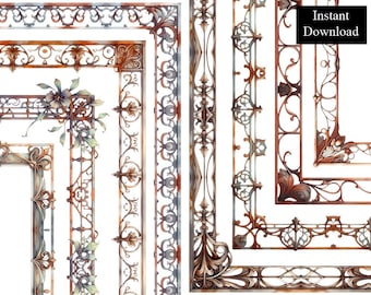Bordes de pátina ornamentada, 8 marcos, estilo gótico ornamentado, clipart digital, descarga, marco metálico oxidado decorativo medieval, A4 y 8,5 x 11 PNG