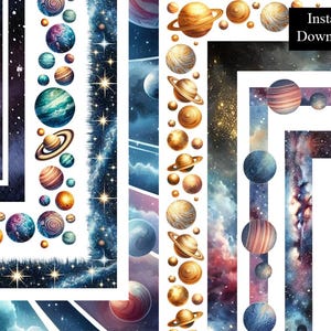 Galaxy Aquarell Ränder Rahmen Planeten Clip Art 8 Digital Download 8.5 x 11 & A4 Space Sterne Nebel kosmischen Weltraum Seitenrahmen
