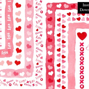 Valentines Watercolour Borders Frames Love Hearts Clip Art Bundle 10 Digital Download Colourful Pink Red Borders A4 & 8.5x11 inch Valentine