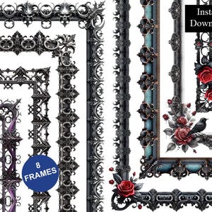 May include: A collection of eight ornate rectangular frames featuring intricate black scrollwork, dark metal textures, and decorative accents. Some frames include red rose illustrations and a black bird graphic. Text reads 8 FRAMES and Instant Download.