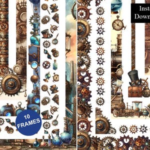 May include: A digital collection of 10 frames featuring intricate bronze gears, clockwork mechanisms, top hats, glass bottles with blue liquid, and vintage scientific instruments. The design includes text reading Instant Download and 10 FRAMES.