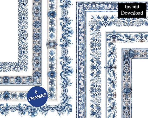 Antique Blue Borders 8 Frames Bundle Digital Download A4 & 8.5x11