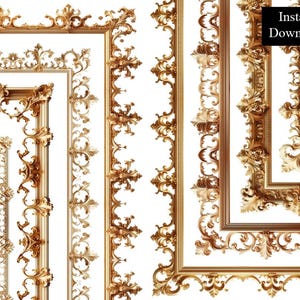 Gold Rokoko Bordüren Rahmen Verzierten Filigranen Dekorativen Goldenen Zertifikat ClipArt Bundle 8 Digitale Antike Alte Welt Foil A4 & 8.5x11 PNG