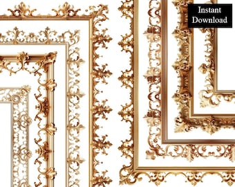 Gold Rococo Borders Frames Ornate Filigree Decorative Golden Certificate ClipArt Bundle 8 Digital Antique Old World Foil A4 & 8.5x11 PNG