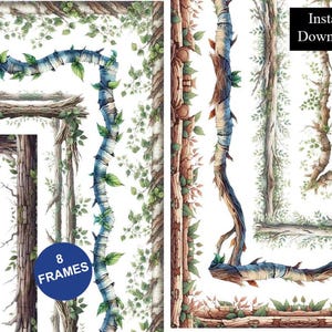 Peut inclure: Une collection numérique de 8 cadres présentant des illustrations à l'aquarelle de branches d'arbres, de textures d'écorce et de feuilles vertes. L'image inclut le texte 8 FRAMES et Instant Download sur un fond blanc.