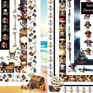 Marcos de esqueletos piratas, calaveras, anclas, barcos, cofres del tesoro, mapas, huesos marinos, imágenes prediseñadas A4 y 8,5 x 11, 10 marcos PNG para descarga digital de piratas