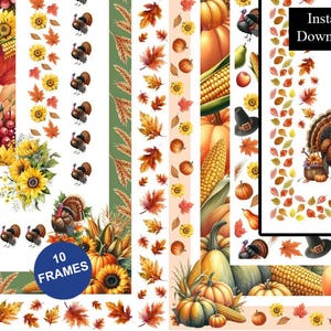 May include: A digital collection of 10 frames featuring autumn-themed illustrations including turkeys, sunflowers, pumpkins, corn, and fall leaves. The design includes a blue circular badge with the text 10 FRAMES and a black box with Instant Download.