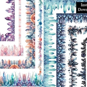 Kristalle Aquarell Ränder Seitenrahmen Clip Art Bundle 8 Digital Download A4 & 8.5 x 11 Zoll PNG Pink Blau Lila Schwarz Regenbogen Kristall