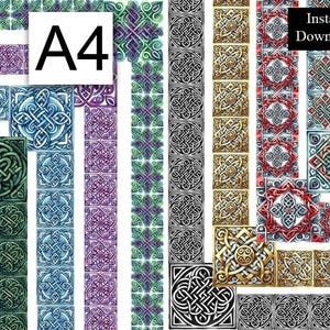Puede incluir: Un conjunto de seis bordes de papel digital A4 imprimibles con intrincados diseños de nudos celtas en varios colores, incluyendo verde, azul, morado, dorado, plateado y rojo.