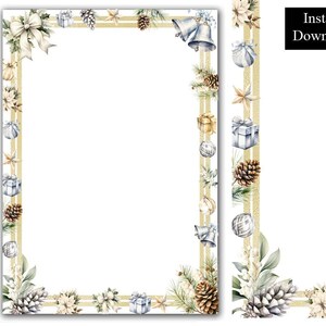 May include: A white paper with a decorative border featuring Christmas ornaments, pine cones, and gifts. The border has gold stripes and watercolor illustrations of bells, bows, and poinsettias. The words "Instant Download" are in a black rectangle.