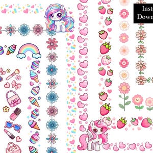 May include: A set of digital clipart borders featuring pink, blue, and white hearts, flowers, strawberries, and a unicorn. The clipart is perfect for adding a cute and whimsical touch to your digital projects.