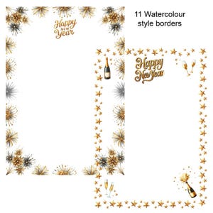 May include: Two printable New Year's Eve party invitation templates with gold and silver watercolor borders. The borders feature stars, champagne bottles, and fireworks. The text "Happy New Year" is included on both templates.