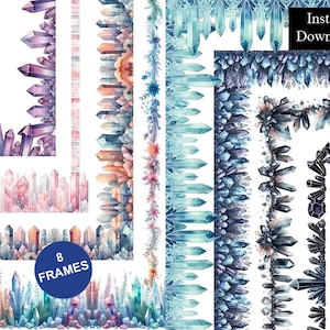 May include: A collection of 8 digital frames featuring watercolor illustrations of various crystals in shades of purple, pink, orange, blue, and dark grey. The image includes text that reads Instant Download and 8 FRAMES.