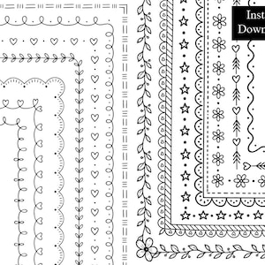 May include: A collection of black and white digital border designs featuring various hand-drawn patterns including hearts, stars, flowers, leaves, and geometric lines. The image includes a black rectangular box with the text Instant Download.