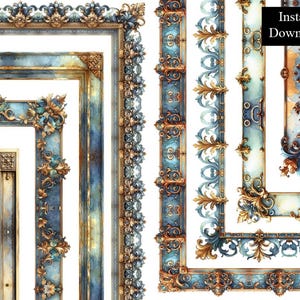 Cadres décoratifs bleus et dorés en filigrane bleu cuivre rouillé ClipArt Bundle 8 numérique grec antique métallique A4 & 8,5 x 11 PNG
