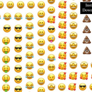 Può includere: Una collezione di emoji gialle con varie espressioni, tra cui risate, occhiali da sole, denaro e occhi a cuore. L'immagine include anche emoji di cacca marrone e il testo "Instant Download".