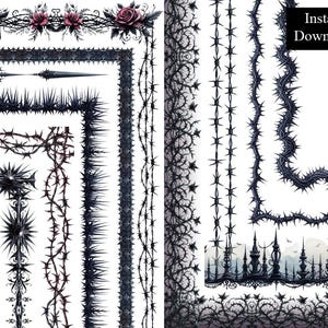 May include: A set of black and white digital clipart images featuring various barbed wire and thorny branch borders. The borders are ideal for adding a gothic or edgy touch to digital designs.