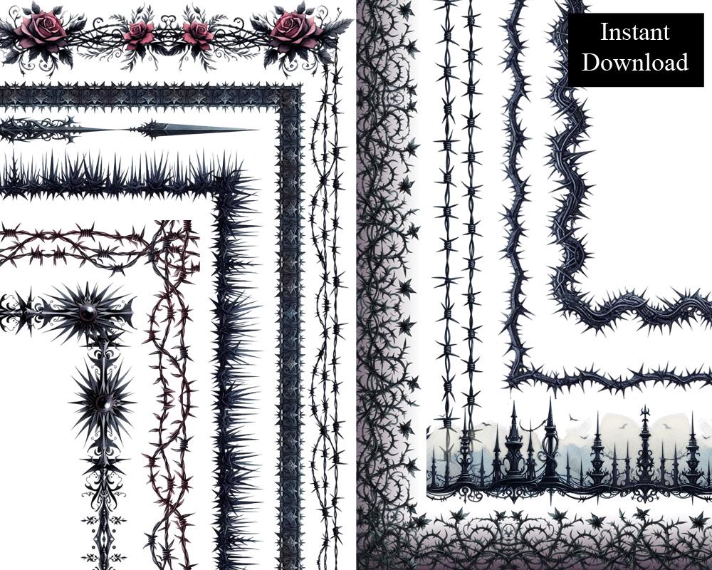 Barbed Thorns Borders 9 Frames Gothic Clip Art Digital Download