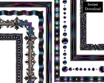 Black Iridescent Metallic Borders 8 Frames Bundle Digital Download A4 & 8.5x11 PNG Printable Page