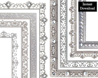 Bordes de diamantes, 8 marcos, estilo ornamentado, clip art, descarga digital, marco de página con borde plateado festoneado de diamantes vintage, A4 y 8,5 x 11 PNG