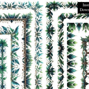 May include: A collection of digital botanical borders and corner designs. The illustrations feature detailed green and teal leaves with gold accents. The words "Instant Download" are in a black rectangle in the upper right corner.