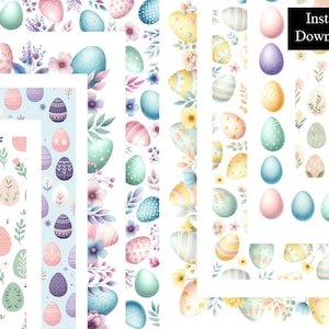 Cornici per bordi acquerellati di Pasqua pastello Pacchetto di clipart di uova di Pasqua 8 cornici per download digitale A4 e PNG 8,5 x 11 pollici Rosa Blu Neutri