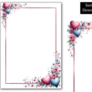 Valentines Day Watercolour Border Frame Love Hearts Floral Simple Clip Art PDF and PNG Digital Download Pink Blue A4 & 8.5x11 inch Valentine